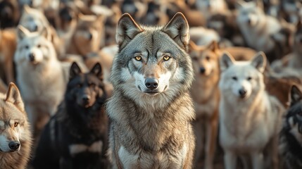 A beautiful grey wolf stands staring at the camera among thousands of different German shepherd dogs.