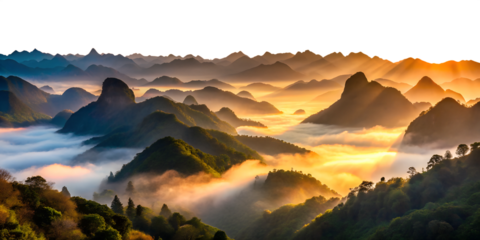 Golden sunrise over misty mountain landscape in serene valley, cut out transparent