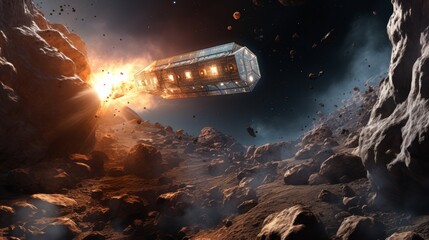 Spacecraft Navigating Through Asteroid Field