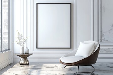 Modern bright interior with empty frame . 3D rendering .generative ai