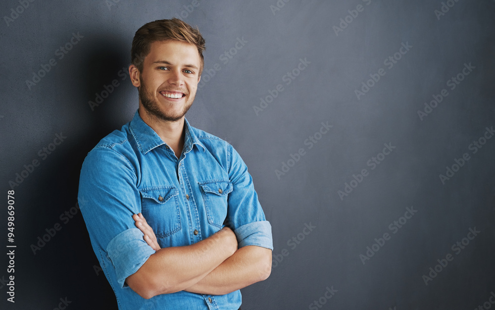 Sticker Portrait, arms crossed and happy business man in studio for pride, experience and mockup space. Face, confidence and creative professional, expert and copywriter in USA isolated on black background