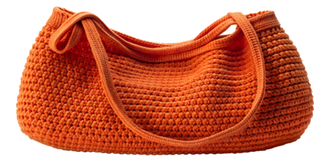 Handcrafted orange crochet bag with a stylish design and handle, cut out transparent