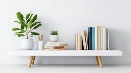 Minimalist Home Decor: A white shelf with wooden legs displays a curated collection of books, potted plants, and a vase of pencils, creating a serene and sophisticated aesthetic.  