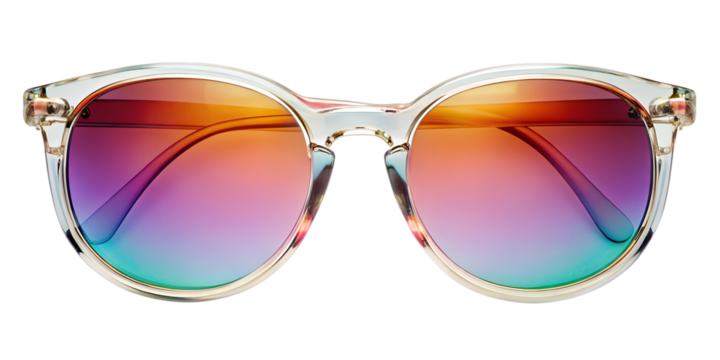 Stylish round sunglasses with colorful gradient lenses for summer days, cut out transparent