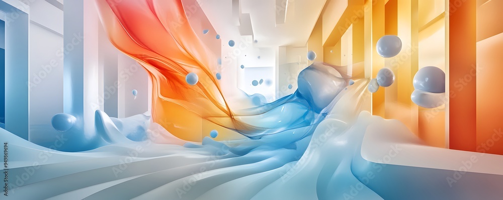 Poster abstract 3d render of colorful swirls and spheres.