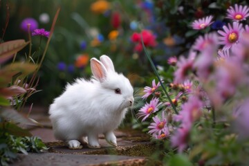 Fototapeta premium A white rabbit stands gracefully in a vibrant garden, surrounded by a variety of colorful flowers, A fluffy white bunny hopping through a garden, AI generated