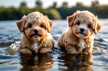 Two cute maltipoo puppies running and playing in a nice waterhole