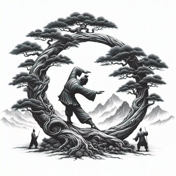 monochrome martial artist practicing tree pose clip art preview