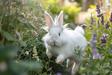 Fototapeta premium A white rabbit stands amidst a garden, surrounded by a delightful assortment of blooming flowers, enhancing the natural beauty, A fluffy white bunny hopping through a garden, AI generated