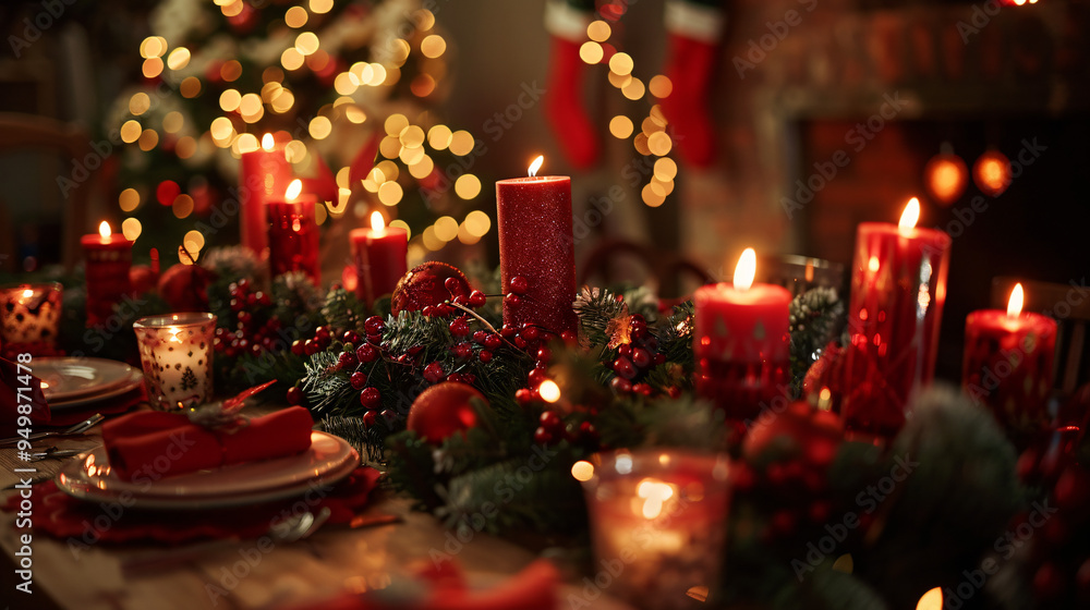 Aufkleber christmas table setting with burning candles and garland on a wooden table with christmas tree in ba