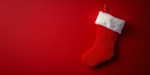 Christmas stocking hanging on red background with copy space