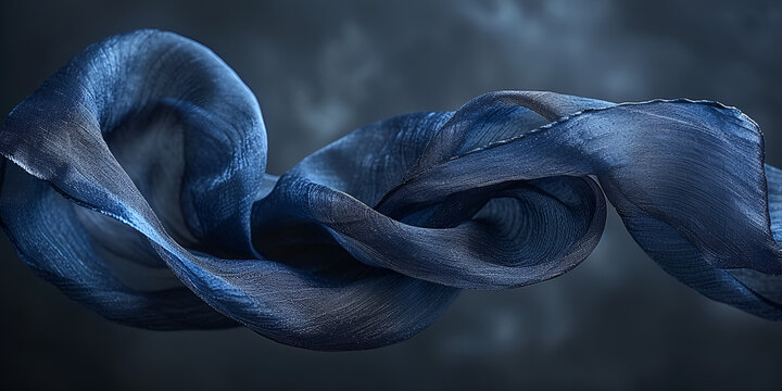 navy blue fabric blowing in the wind on black background