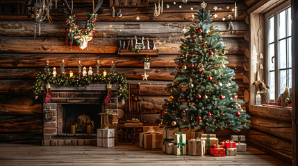 Fototapeta premium Festive christmas tree and gift boxes in a warm, fireplace-adorned living room for the holidays