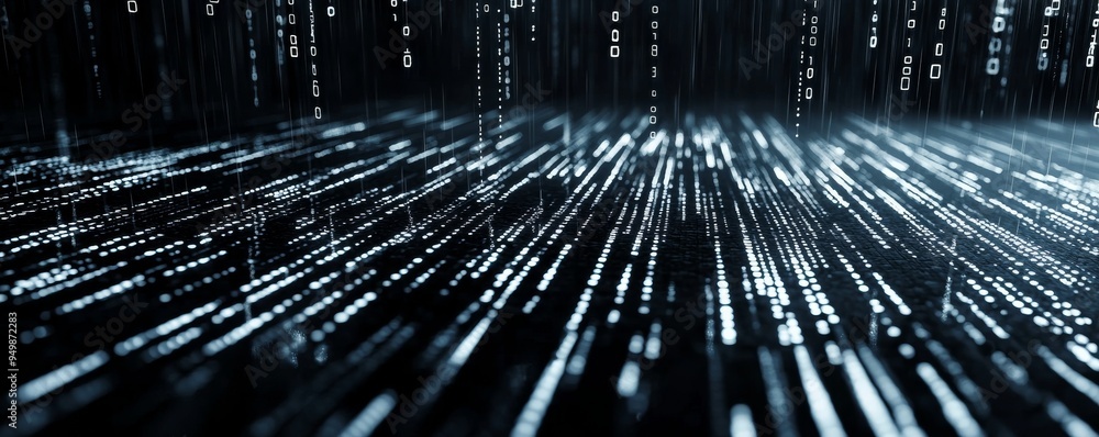 Poster a stream of white binary matrix code cascading down a dark background, reminiscent of the iconic dig