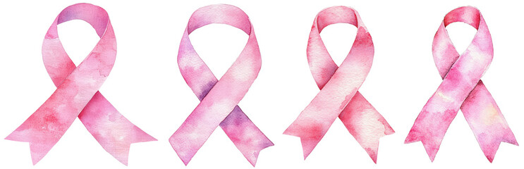 A collection of pink awareness ribbons symbolizing support for breast cancer awareness and research initiatives.