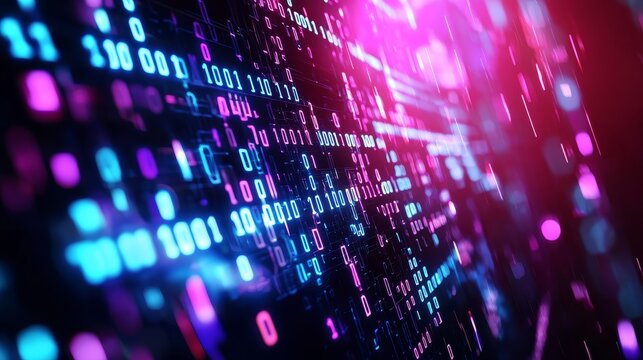 01 digits binary stream, layered text effect, dark digital background, 3D illustration