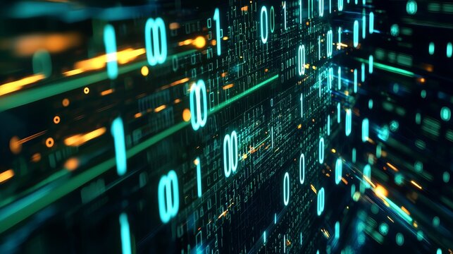 01 digits binary stream, layered text effect, dark digital background, 3D illustration