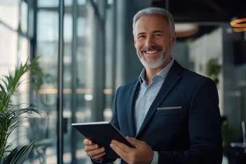 Fototapeta premium Mature older business man executive manager using digital tablet standing in office