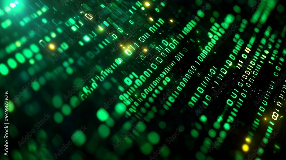 Poster binary code stream, cascading 01 digits, transparent text overlay, 3d illustration