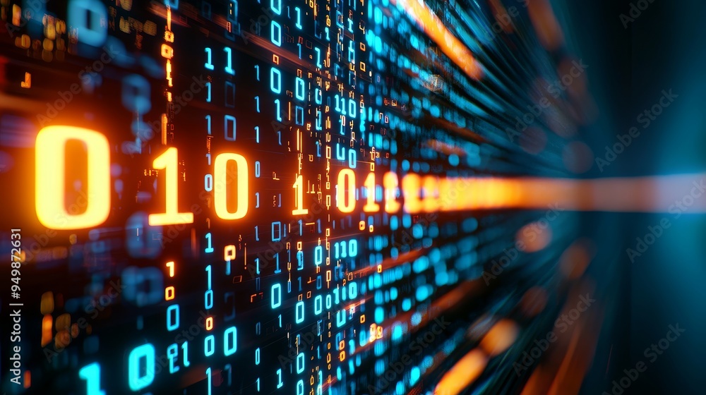 Poster binary code stream, cascading 01 digits, transparent text overlay, 3d illustration