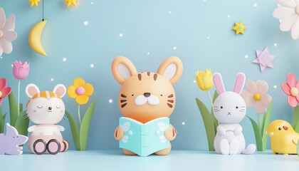 Obraz premium Daffodil character holding a book, with Indian animals and a galaxy background, cute 3D effect, flat design illustration