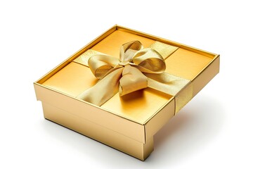 Golden gift box with bow isolated on white background.