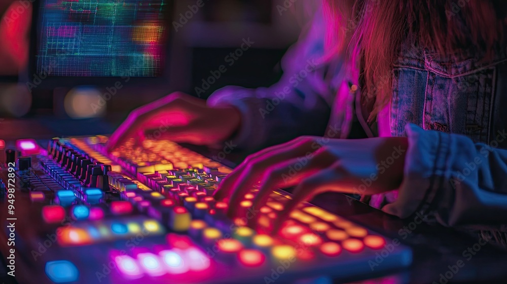 Wall mural A person using a computer with RGB-lit peripherals to create digital art, demonstrating the technology's potential for creative expression