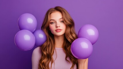 Naklejka premium Young Woman Holding Purple Balloons Against Purple Background 
