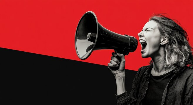 Woman Shouting Through Megaphone on Red Background
