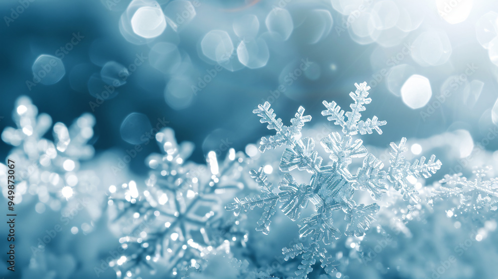 Poster stunning snowflakes shining on a snowy backdrop with a blue bokeh background in close-up
