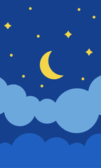 A cartoon of a night sky with a crescent moon and stars