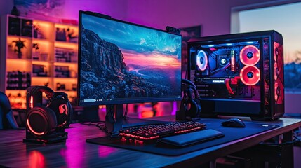 A high-end gaming PC with a custom-built case, featuring vibrant RGB lighting on the motherboard, graphics card, fans, and peripherals