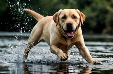 Cute big labrador dog playing and running in a beautiful water hole