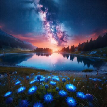 A summer landscape view of the Milky Way reflecting in a lake with blue flowers in the foreground.