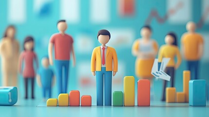 Obraz premium 44. HR data analysis, employee icons and statistical graphs, 3D illustration.