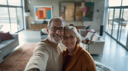 An elderly couple in casual attire taking a selfie in a contemporary living room with minimalist furniture, warm lighting, and an intimate atmosphere
