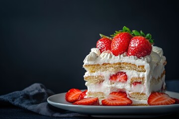 Fresh strawberry cream cake on dark background