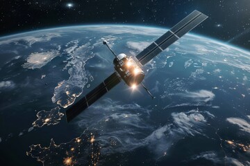 Obraz premium An artistic depiction of a satellite orbiting in the vastness of space, showcasing its intricate design and celestial backdrop, A futuristic military satellite monitoring enemy movements from space