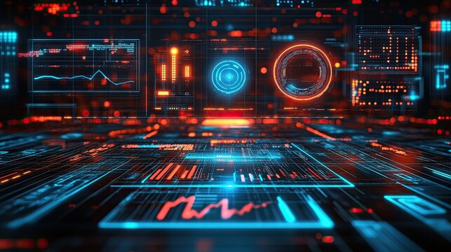 40. Technology adoption analysis, digital icons and trend lines, 3D illustration.