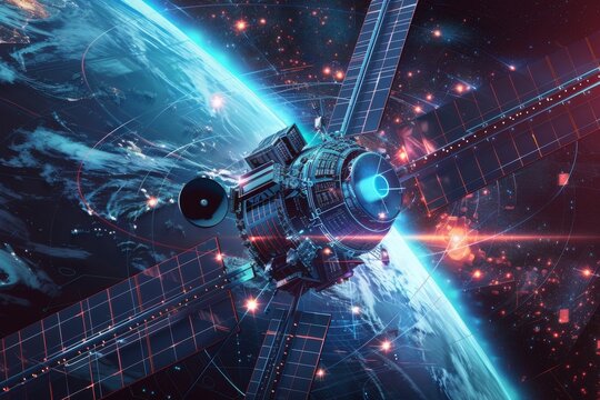 A creative illustration of a satellite floating in space, highlighting its features against a backdrop of stars and planets, A futuristic military satellite monitoring enemy movements from space