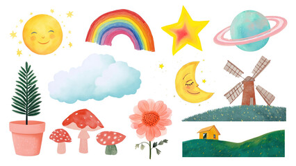 PNG cute nature sticker illustration element set, transparent background