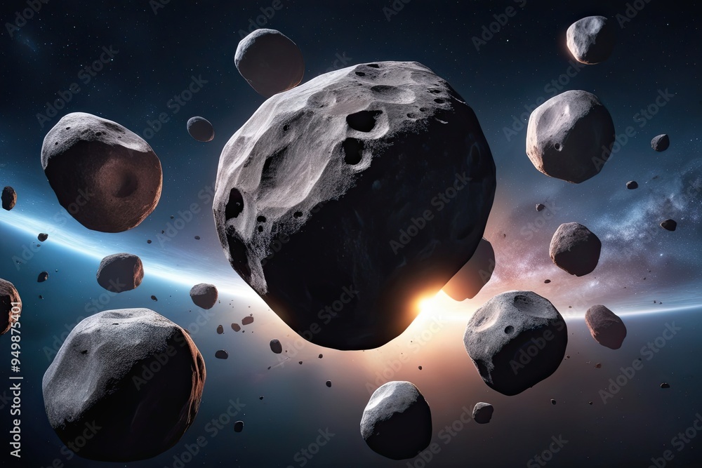 Poster giant asteroid cluster swarm moving through space with boulder collections