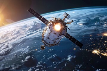 Obraz premium A futuristic military satellite monitoring enemy movements from space, AI generated