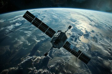 Obraz premium A futuristic military satellite monitoring enemy movements from space, AI generated