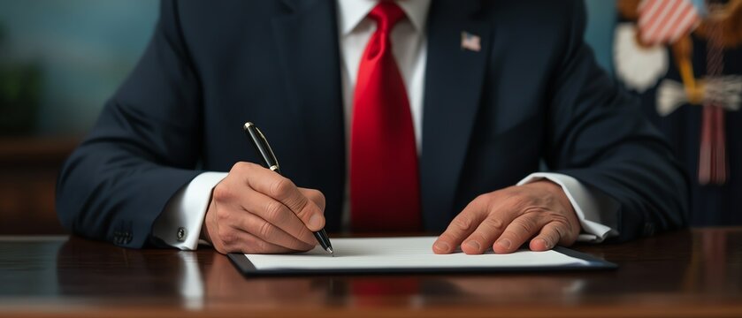 A person in a suit signs a document with a pen, symbolizing authority, leadership, and decision-making in a professional setting.