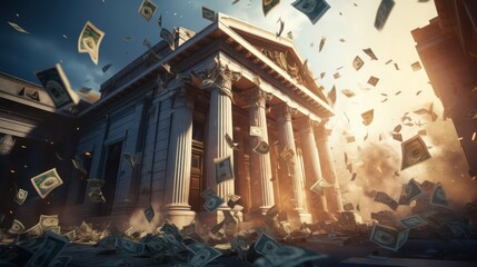 Bank building with columns under dramatic explosion, scattering currency in the aftermath of a violent event