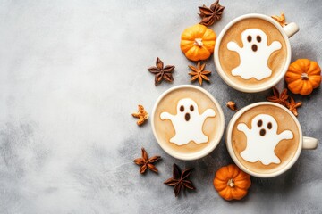 Fototapeta premium Spooky ghost latte art with autumn pumpkins for Halloween