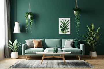 Contemporary Living Room Design Featuring Sofa and Green Wall Plants