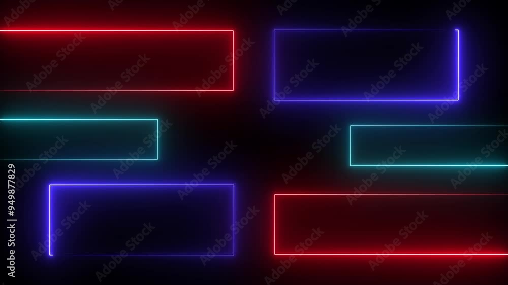 Poster neon color motion graphic on isolated black background. blue, red, cyan color glowing neon frame bac