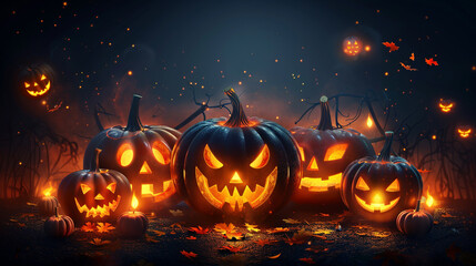 Multiple horror halloween evil night orange pumpkin lantern, candle on october celebration, glowing creepy face spooky jack o lantern decoration on dark background copyspace, fear ghost haunting